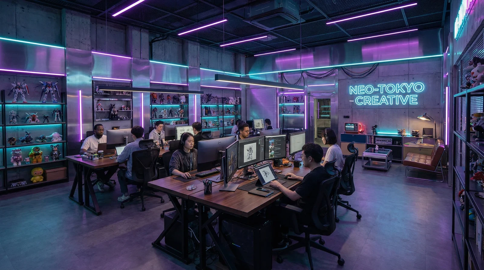 妖媚婷儿团队在赛博朋克风格创意办公室中工作